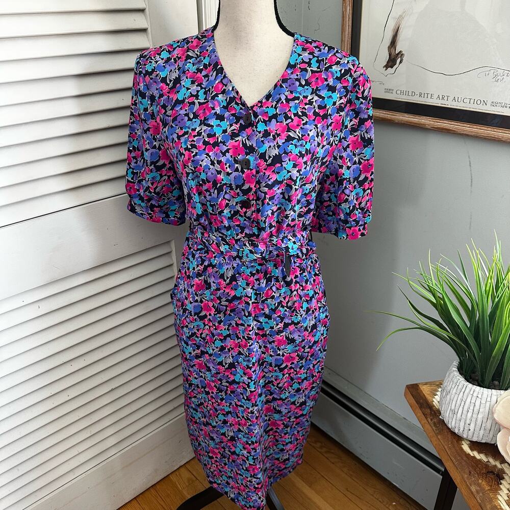 Vintage BERKERTEX Womens Dress UK 10 US 6 Floral Belted Retro 80s Career Wear
